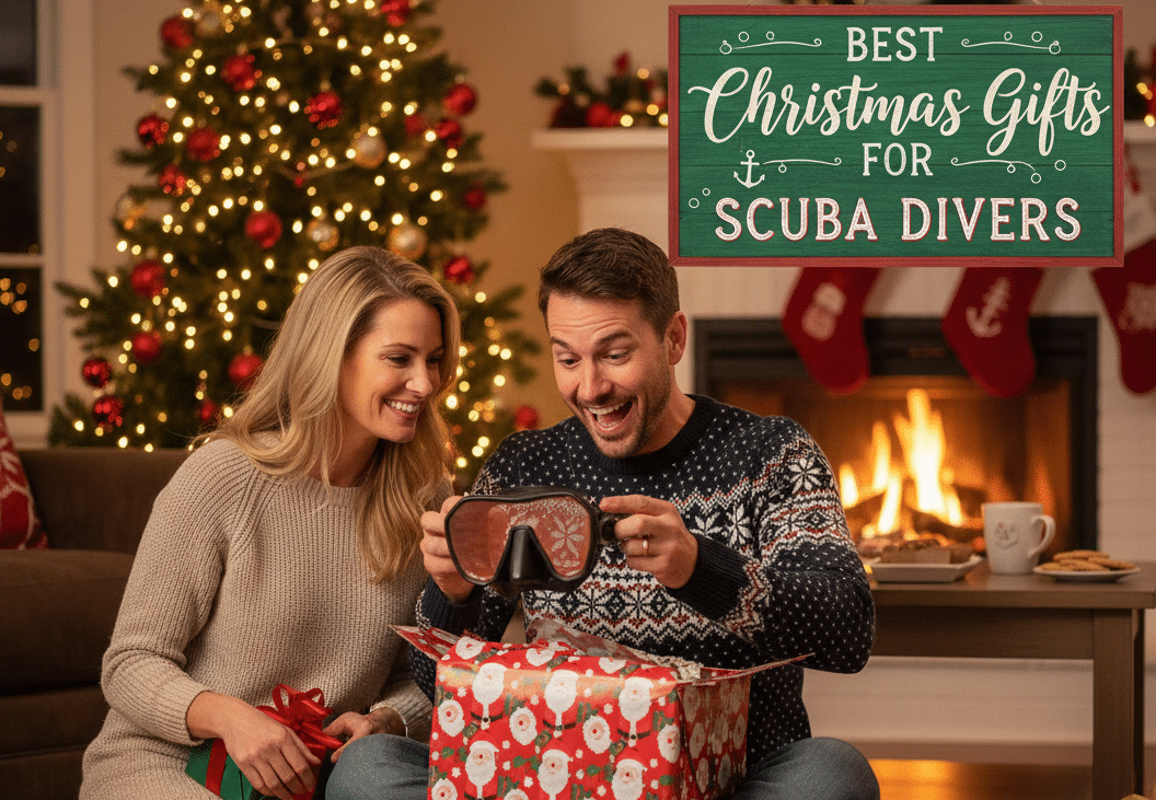 man opening his favorite scuba diving xmas gifts