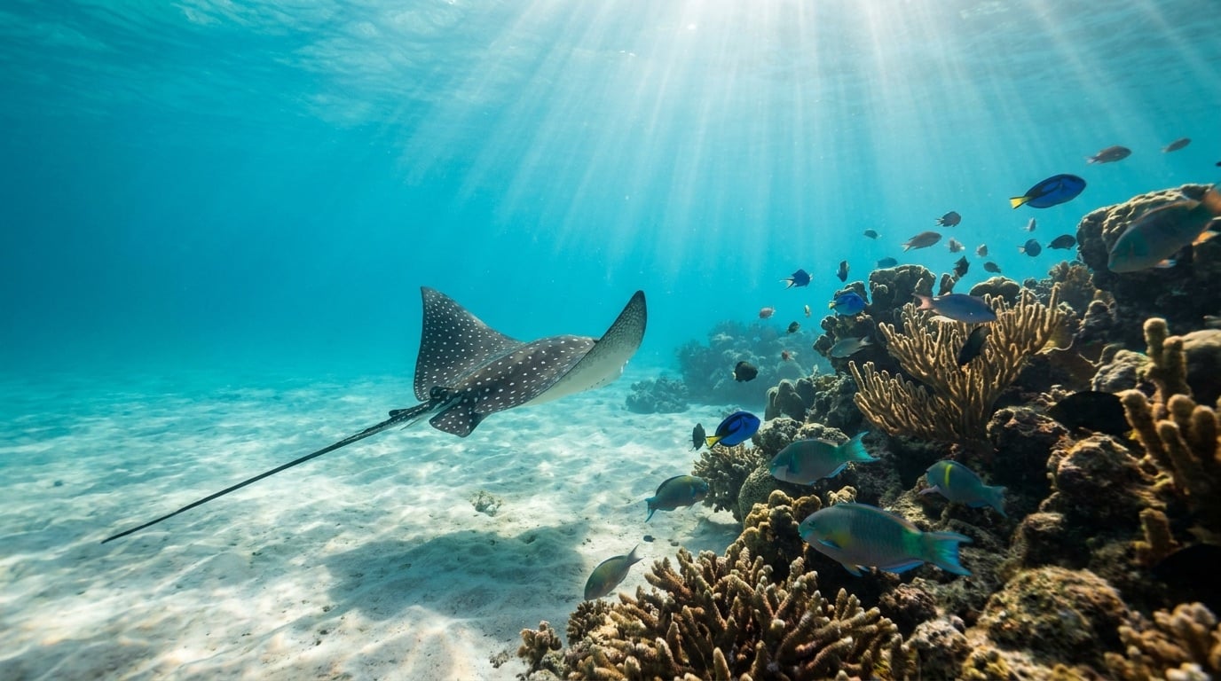 Florida Keys Scuba Diving In December: Complete Guide For 2026 2 Spotted eagle ray gliding over a Florida Keys reef in winter