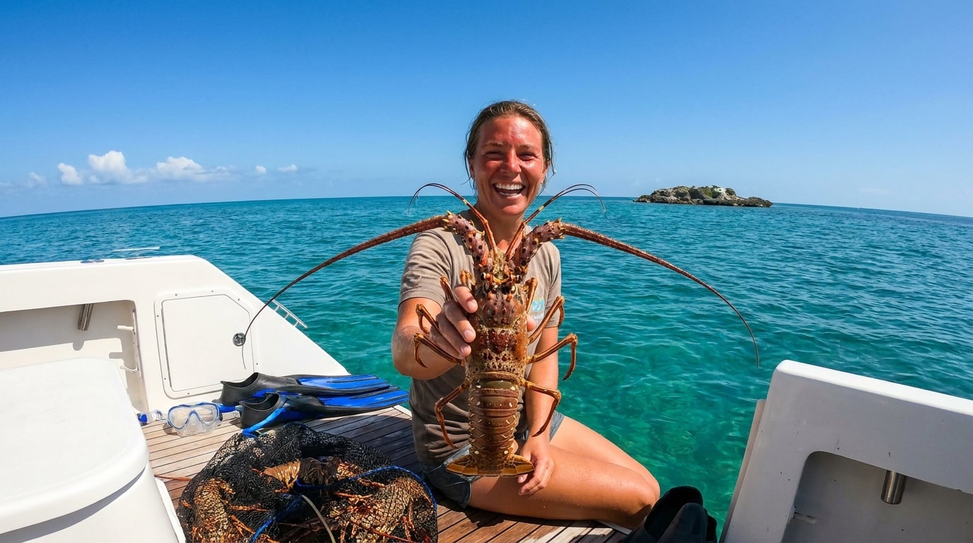 florida-lobster-season-hero Diver holding a freshly caught Florida Keys spiny lobster on a dive boat