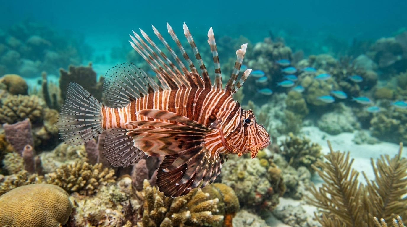 Why Are Lionfish Invasive? 2 Red lionfish on a Florida Keys reef showing its striped body and feathery fins