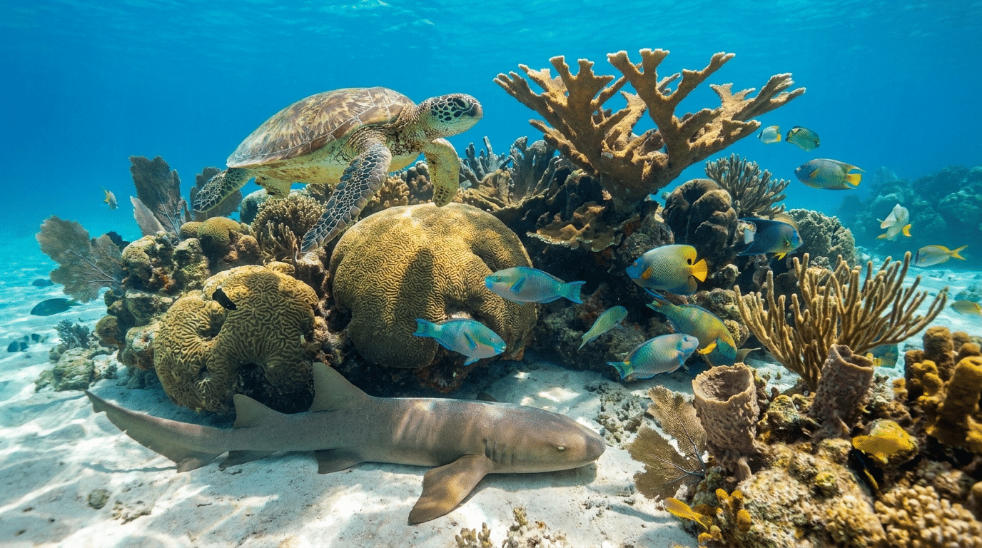 Looe Key Reef marine life Sea turtle, nurse shark, and tropical fish at Looe Key Reef snorkel and dive trips