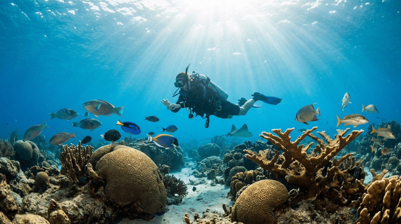 Scuba diving Looe Key Reef Scuba diver over the coral reef at Looe Key in the Florida Keys