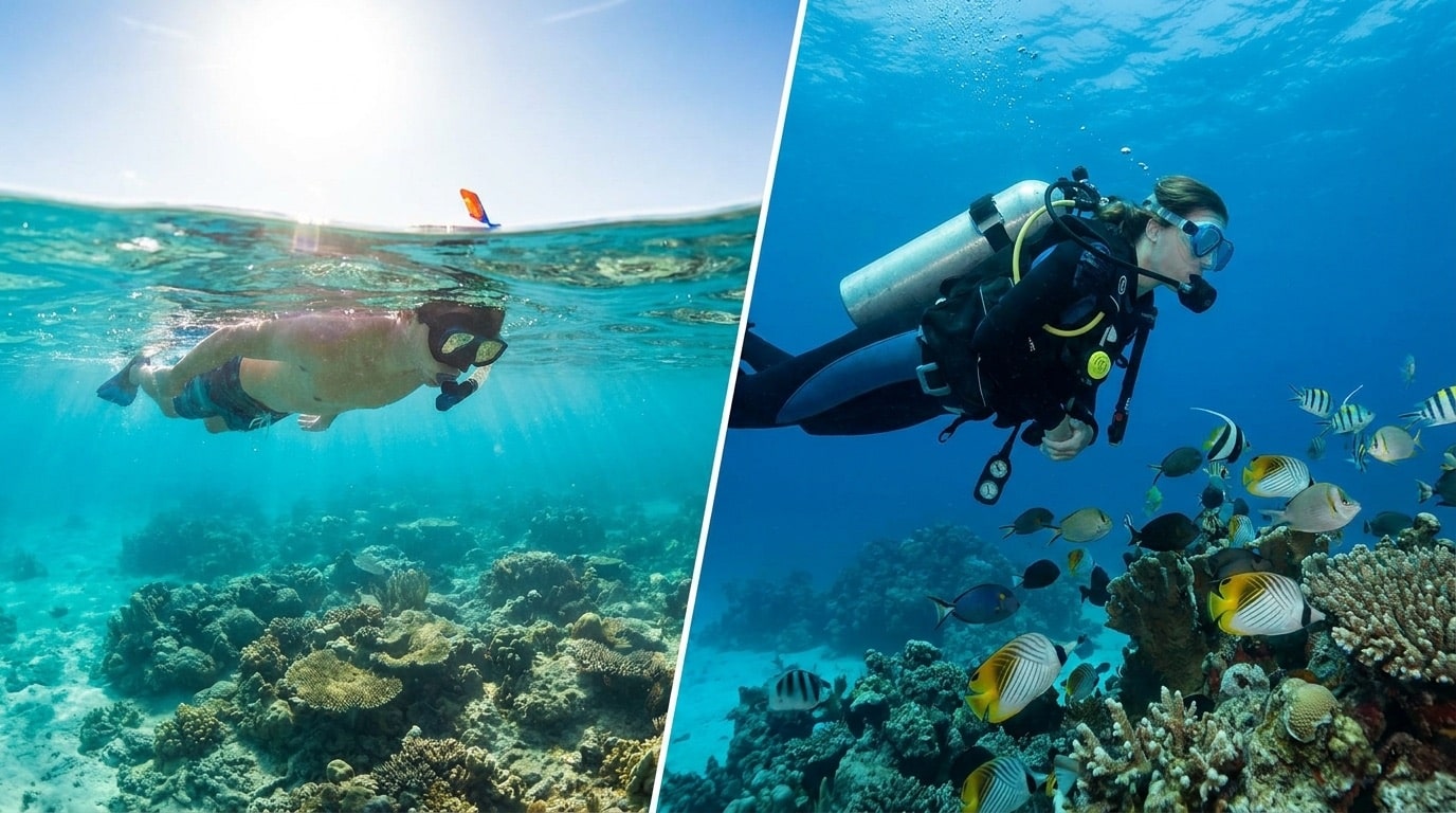 Scuba Diving Vs Snorkeling: Which One Is Right For You? 1 Snorkeler at the surface and a scuba diver at depth over a Florida Keys coral reef
